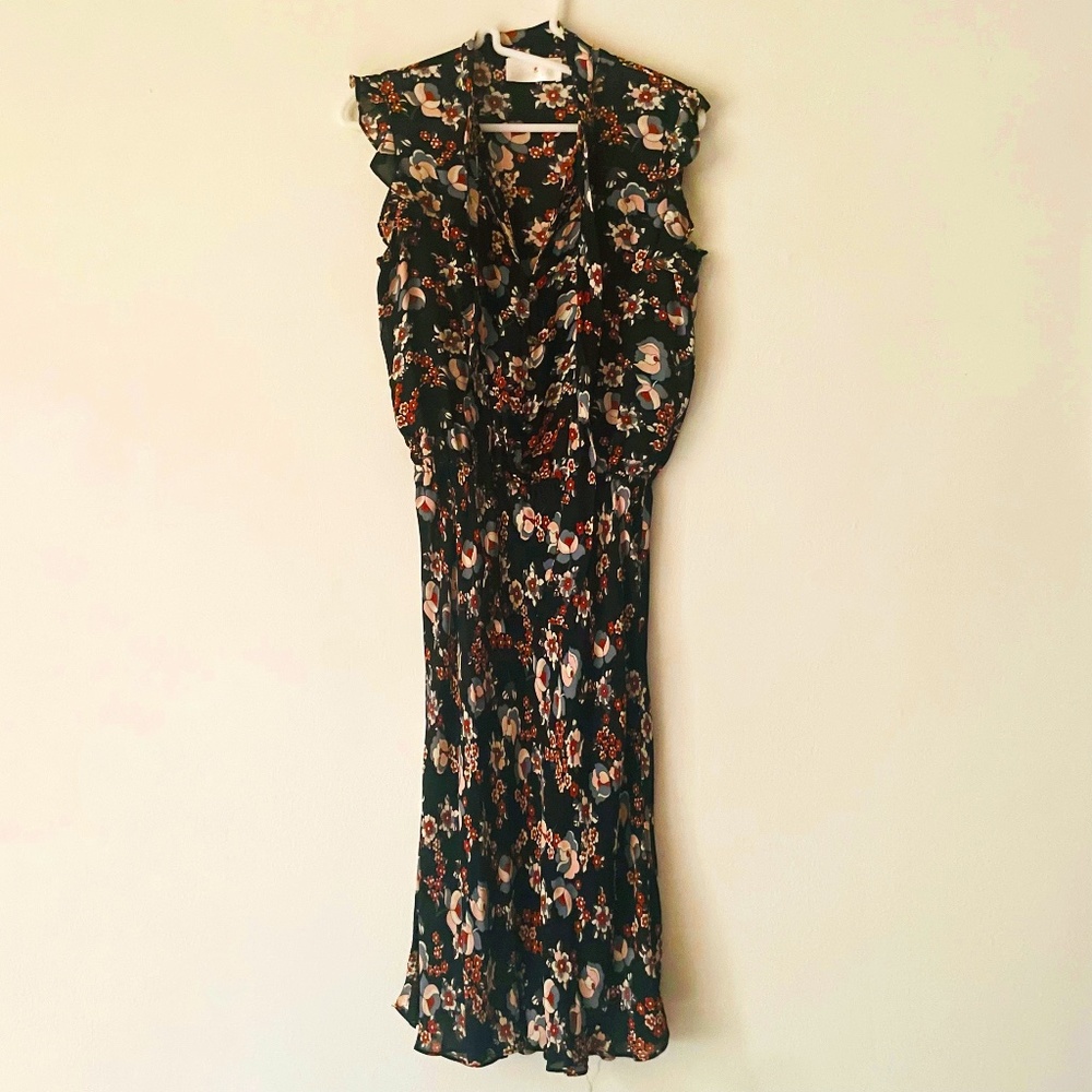 Helen Wang Size 4 Black Floral Silk Midi Dress